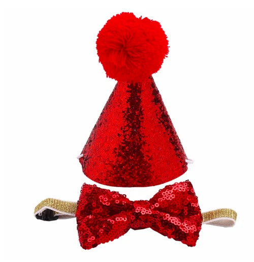 2Pcs/set Pet Dogs Caps With Bowknot Cat Dog Birthday Costume Sequin Design Headwear Cap Hat Christmas Party Pets Accessories