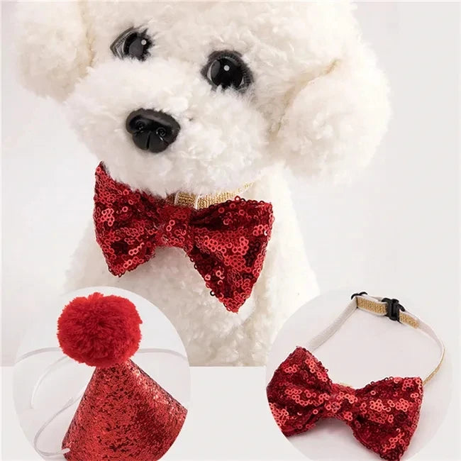 2Pcs/set Pet Dogs Caps With Bowknot Cat Dog Birthday Costume Sequin Design Headwear Cap Hat Christmas Party Pets Accessories