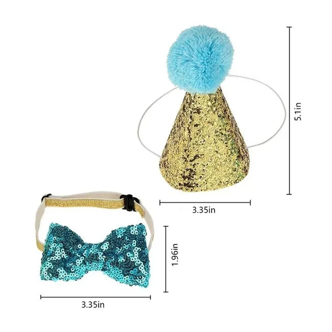 2Pcs/set Pet Dogs Caps With Bowknot Cat Dog Birthday Costume Sequin Design Headwear Cap Hat Christmas Party Pets Accessories