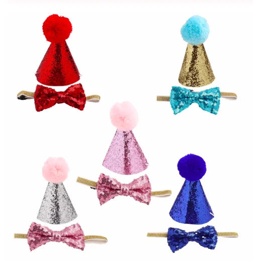 2Pcs/set Pet Dogs Caps With Bowknot Cat Dog Birthday Costume Sequin Design Headwear Cap Hat Christmas Party Pets Accessories