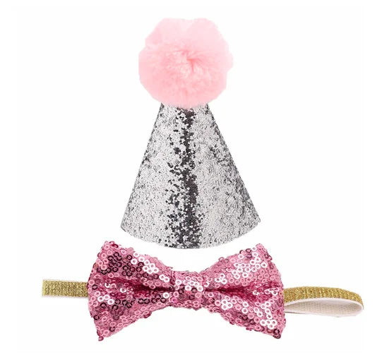 2Pcs/set Pet Dogs Caps With Bowknot Cat Dog Birthday Costume Sequin Design Headwear Cap Hat Christmas Party Pets Accessories